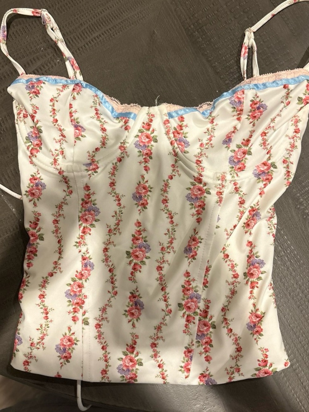 Edikted White Satin Floral Cami with Pink & Purple Rose Stripes